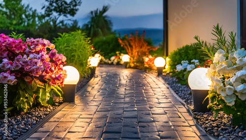 Fototapeta Naklejka Na Ścianę i Meble -  The path to the house in the backyard is lit by small lanterns standing on the ground