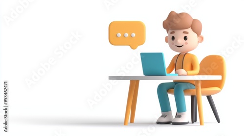 3D Illustration of Boy Using Laptop with Chat Icon