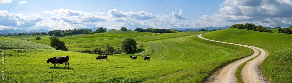 Grazing Cows, Cows grazing on lush green hills under a blue sky, Peaceful rural landscape Grazing Cows, Cows grazing on lush green hills under a blue sky, Peaceful rural landscape