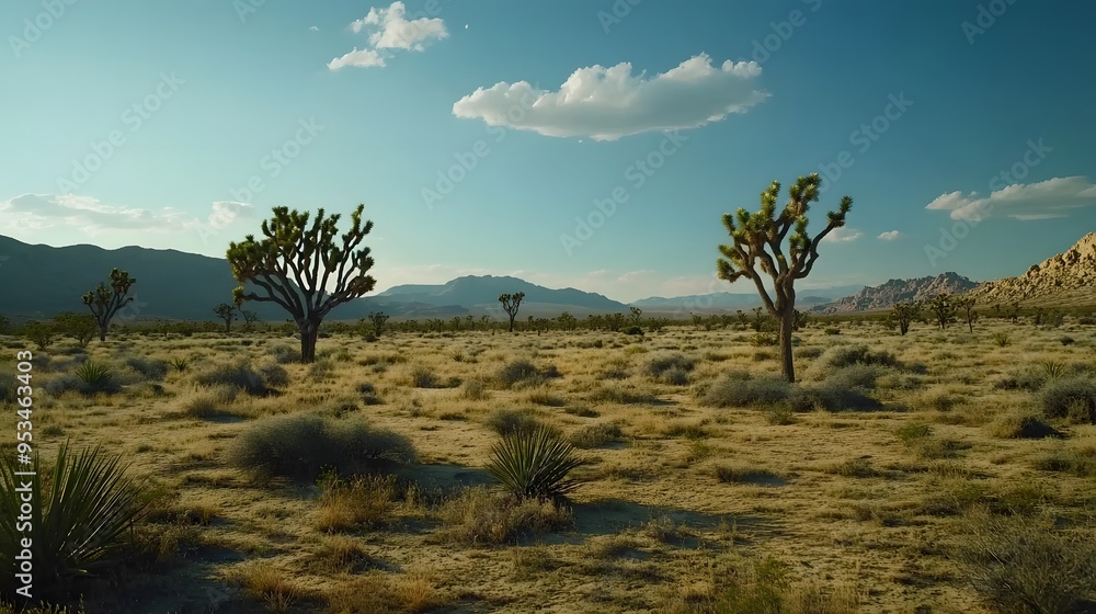Obraz premium A vast desert landscape with tall, spiky trees in the foreground and rugged mountains behind them. The sky is overcast, adding to the sense of solitude