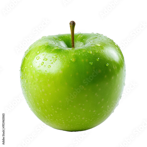 A crisp green apple glistens with water droplets, showcasing its freshness and appeal against a clean PNG backdrop, green fresh apple on transparent background