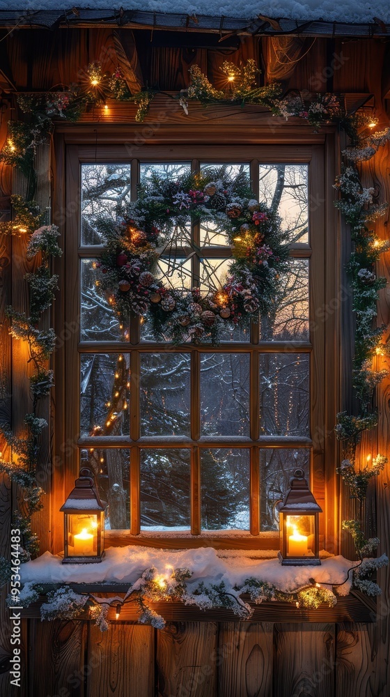Obraz premium A cozy winter scene featuring a decorated window with a wreath, lanterns, and soft glowing lights against a snowy backdrop.