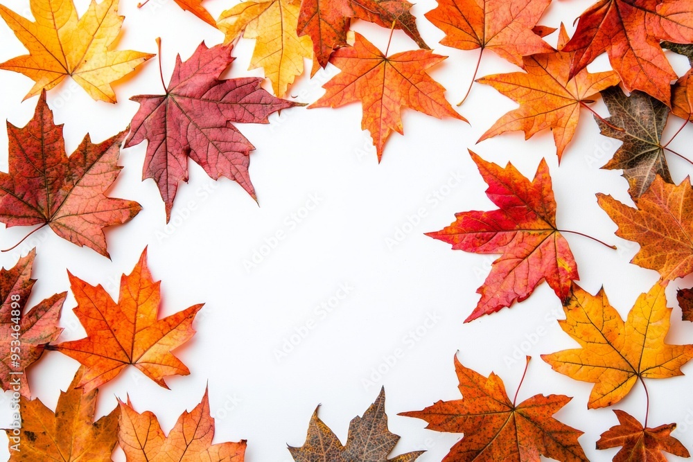 Autumn Maple Leaves Flat Lay White Background created with Generative AI Autumn Maple Leaves Flat Lay White Background created with Generative AI