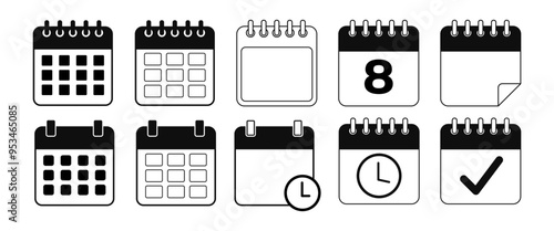Black Calender Vector Icon set, Isolate Schedule symbol, Modern minimal Graphic elements for Business planner, office meeting and agenda, time illustration, App and Website Vector stock (Editable)