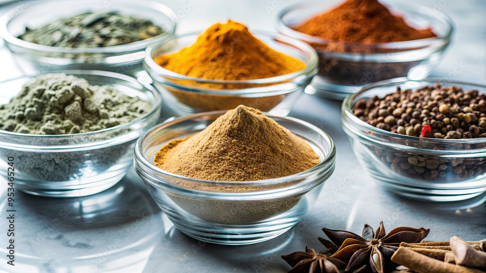 Various spices are arranged in glass bowls on a bright countertop, highlighting their vivid colors and unique textures commonly used in cooking and baking Various spices are arranged in glass bowls on a bright countertop, highlighting their vivid colors and unique textures commonly used in cooking and baking