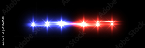 Police or ambulance car siren flare lights on black background. Blue and red emergency lamps in darkness. Realistic patrol vehicle flashers vector illustration.