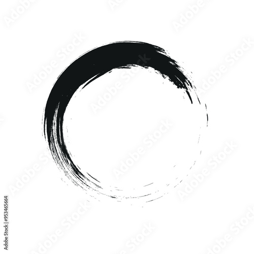 Ellipse Circle ink brush stroke effect on white background, Japanese calligraphy circle paint brush Buddhism sign symbol, vector illustration illuminated.