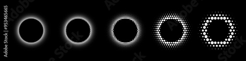 White dotted round patterns. Golden frames with halftone effect. Abstract shining circle background with light glow elements. Modern futuristic graphic vector illustration set isolated on black.