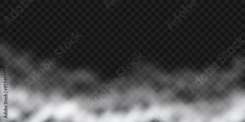 White fog or smoke cloud on transparent background. Realistic smoke effect vector illustration. Smoky mist or toxic vapor on floor, meteorological phenomenon or condensation over land or water surface