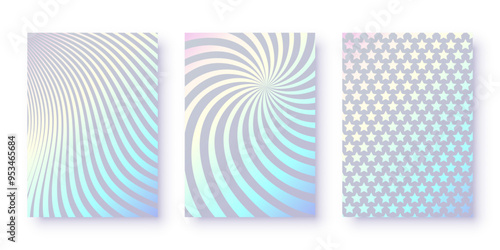 Pastel hologram backgrounds with sunbursts, wavy lines, stars vector illustration set. Holographic abstract digital modern futuristic patterns with different geometric ornaments.