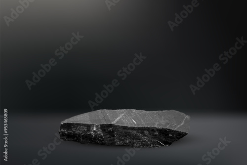 Stone podium background. Rock stand product display. Natural black marble pedestal on dark wall for product placement. Modern minimal cosmetic design. Fashion beauty realistic vector illustration.