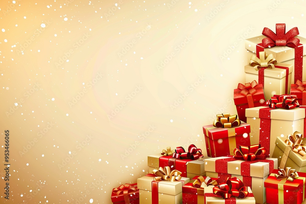 Stack of wrapped Christmas presents with red and gold ribbons with copy space Stack of wrapped Christmas presents with red and gold ribbons with copy space