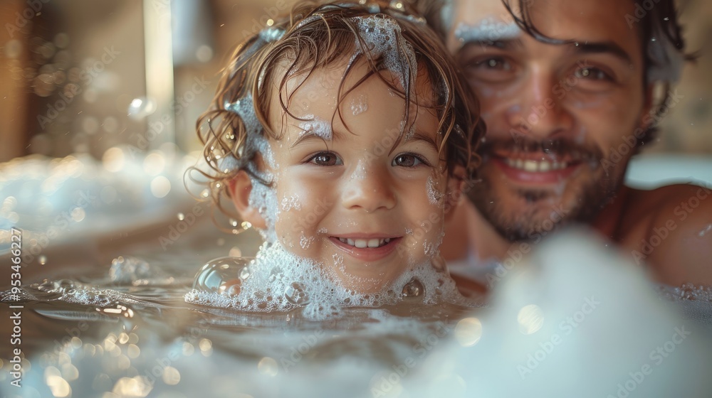 Amid bubbly bath-time fun, a father and son's joyous laughter resonates, creating touchingly endearing moments of paternal bonding. Amid bubbly bath-time fun, a father and son's joyous laughter resonates, creating touchingly endearing moments of paternal bonding.