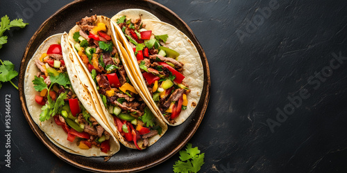 Overhead view of soft tacos arranged neatly on a plate, each filled with meat and vegetables