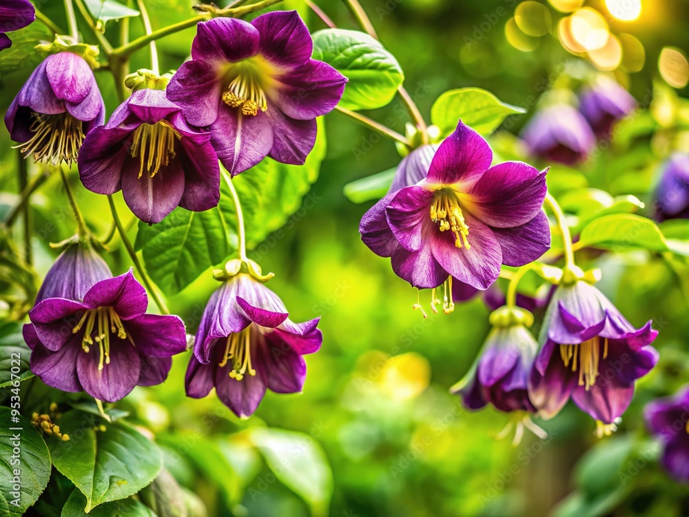 Fototapeta premium Vibrant purple Cobaea scandens flowers bloom on a lush green vine, showcasing delicate, intricate details and soft, romantic lighting in a whimsical outdoor setting.