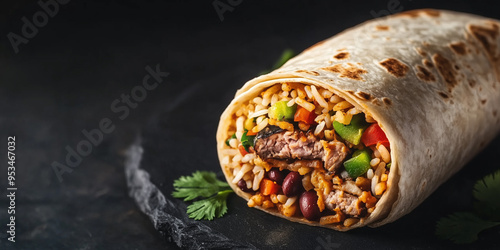 Cross-section of a burrito showing layers of rice, beans, meat, and vegetables inside photo