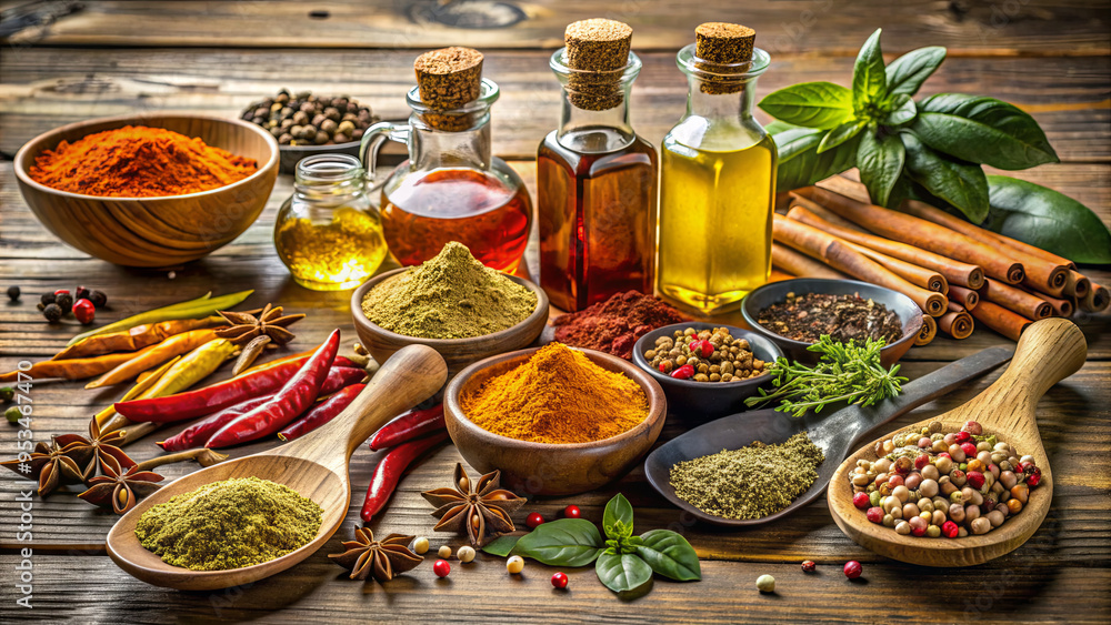 Brightly colored spices, herbs, and oils are arranged beautifully on a wooden surface, showcasing a variety of textures and aromas in a natural setting Brightly colored spices, herbs, and oils are arranged beautifully on a wooden surface, showcasing a variety of textures and aromas in a natural setting