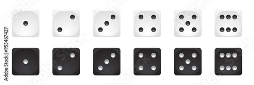 White and black 3d dice icon vector set. Six faces of game die from one to six on white background. Front cube sides with dots 1,2,3,4,5,6. Realistic gambling objects to play in casino, backgammon.
