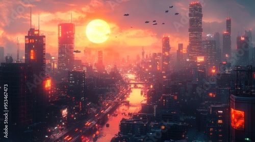 Futuristic Cityscape at Sunset