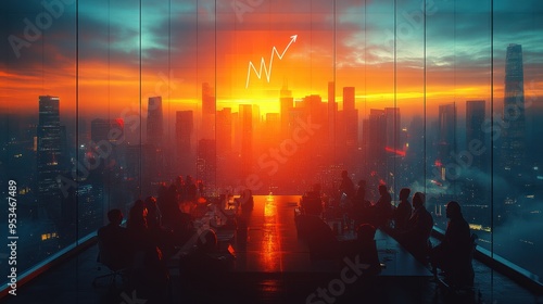 Silhouettes of People in a Meeting Room with a View of City Skyline during Sunset with a Graphic of an Arrow Pointing Upwards