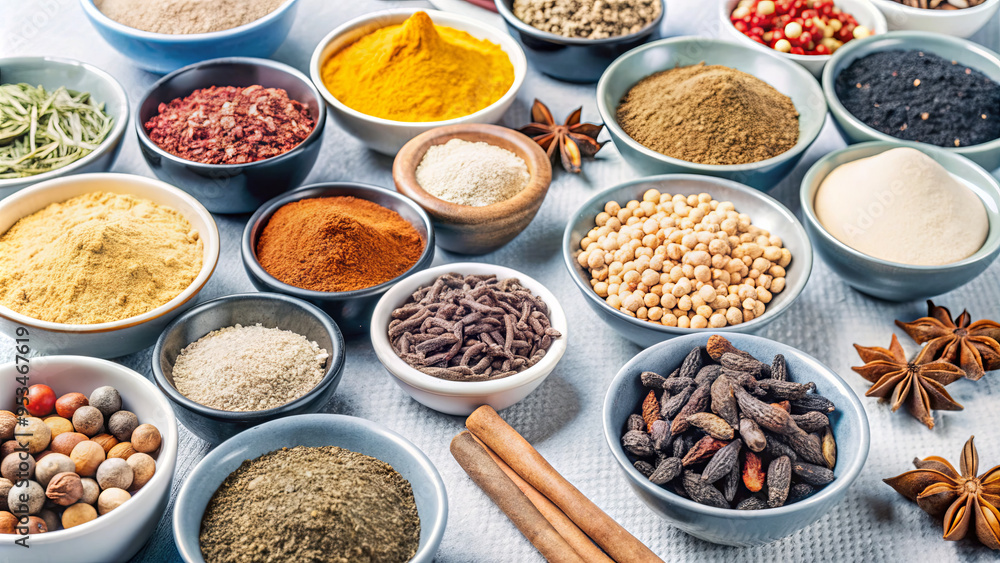 Various spices are displayed in small bowls on a kitchen countertop, featuring an array of colors and textures that highlight their unique characteristics and uses in cooking Various spices are displayed in small bowls on a kitchen countertop, featuring an array of colors and textures that highlight their unique characteristics and uses in cooking