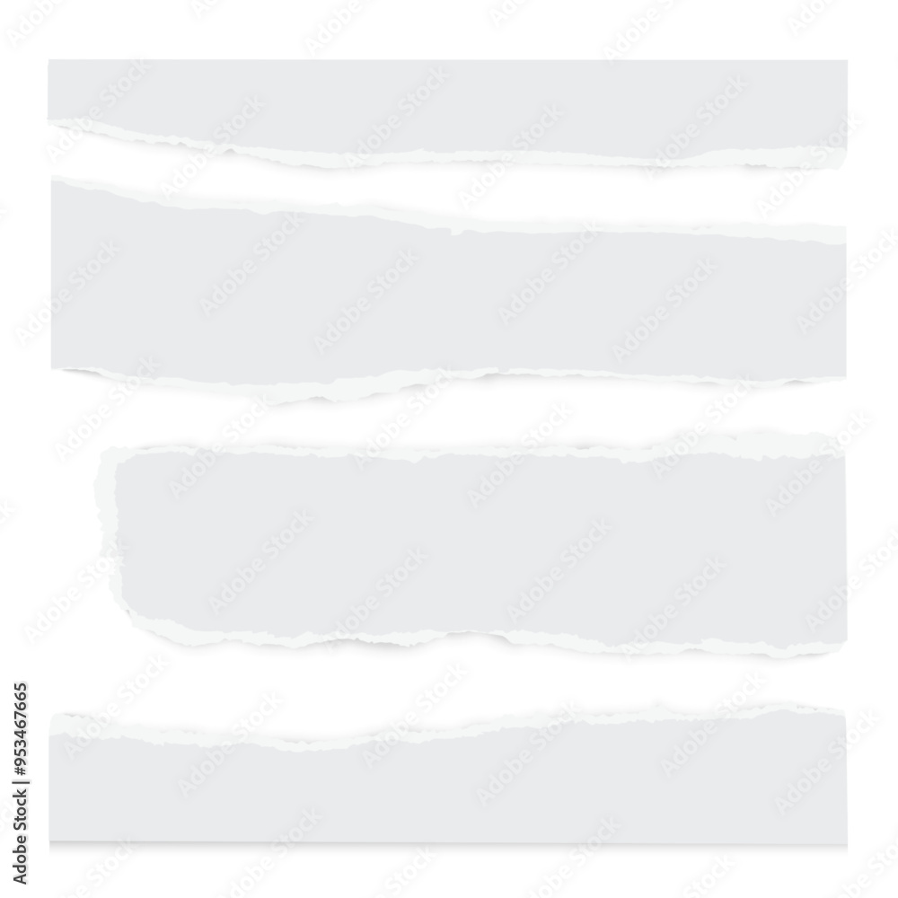 Obraz premium Torn white paper sheets set with ripped edges on white background. Scrapbook edge, notebook tear, blank page split vector collection. Damaged letter, document mockup, newspaper cutout.
