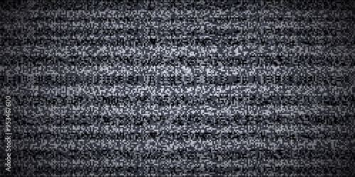Glitch noise effect on tv screen. Abstract white grain stripes on black computer monitor background. Broken black VHS retro display with flickering. Retro digital technology vector illustration.