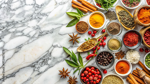 Wallpaper Mural A vibrant display of various spices and herbs is arranged artistically on a marble countertop, highlighting their diverse colors and textures in a culinary context Torontodigital.ca