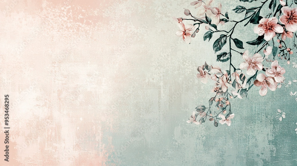 A painting of a branch adorned with pink flowers against a blue and pink backdrop, allowing room for added text or imagery A painting of a branch adorned with pink flowers against a blue and pink backdrop, allowing room for added text or imagery