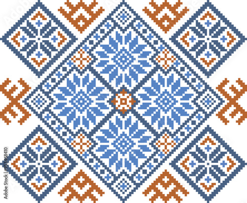 Blue and Brown Geometric Cross-Stitch Pattern