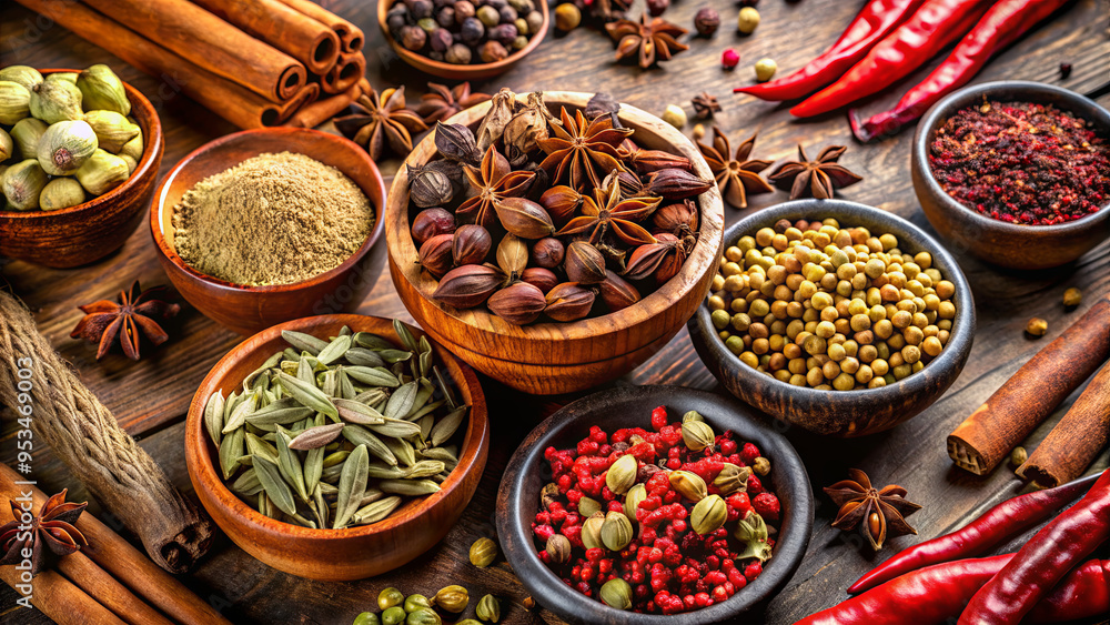 A collection of spices in decorative bowls featuring anise, peppercorns, and cardamom, surrounded by star anise and cinnamon sticks on a wooden table, evoking culinary creativity A collection of spices in decorative bowls featuring anise, peppercorns, and cardamom, surrounded by star anise and cinnamon sticks on a wooden table, evoking culinary creativity