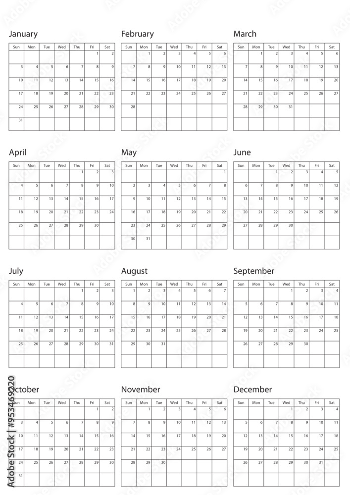 2027 Calendar Template. Vector calendar. Week starts sunday. Calendar template in minimal design 2027 Calendar Template. Vector calendar. Week starts sunday. Calendar template in minimal design