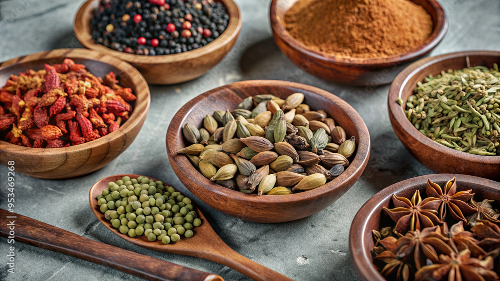 An artistic layout features various spices, such as cardamom, star anise, and green peppercorns, all presented in wooden bowls arranged neatly on a stone surface An artistic layout features various spices, such as cardamom, star anise, and green peppercorns, all presented in wooden bowls arranged neatly on a stone surface