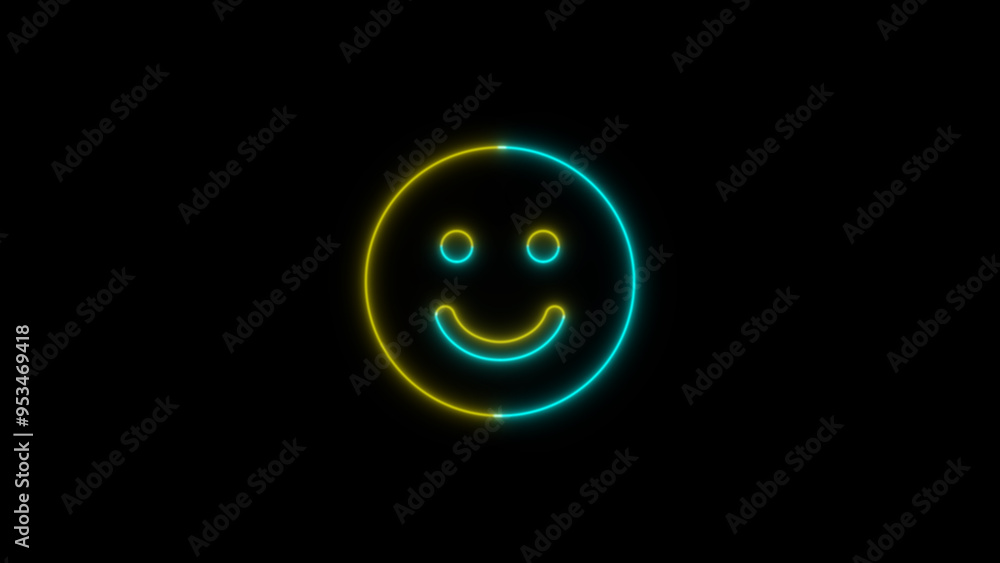 Neon and glowing smile icon. glowing Happy smiley face in black background. Neon and glowing smile icon. glowing Happy smiley face in black background.