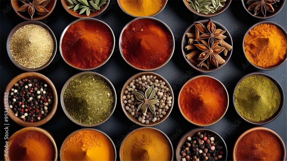 An assortment of spices displayed in round bowls highlights vibrant colors and fine textures, inviting culinary exploration and creativity in cooking An assortment of spices displayed in round bowls highlights vibrant colors and fine textures, inviting culinary exploration and creativity in cooking