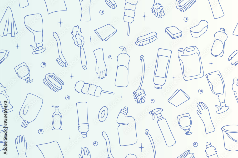 Seamless pattern of cleaning equipment. Cleaning line icons. Line of hand-drawn equipment, cleaning products and tools for washing and disinfecting the house, bucket and mop, detergent sprayer. Seamless pattern of cleaning equipment. Cleaning line icons. Line of hand-drawn equipment, cleaning products and tools for washing and disinfecting the house, bucket and mop, detergent sprayer.