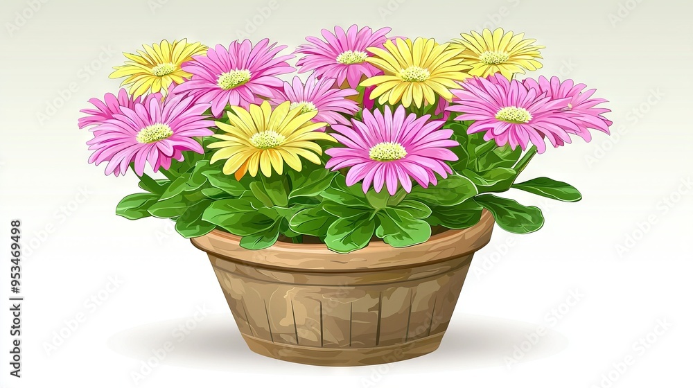 Obraz premium A white background showcases a potted plant adorned with pink, yellow, and white daisies at its center