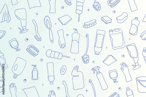 Seamless pattern of cleaning equipment. Cleaning line icons. Line of hand-drawn equipment, cleaning products and tools for washing and disinfecting the house, bucket and mop, detergent sprayer.