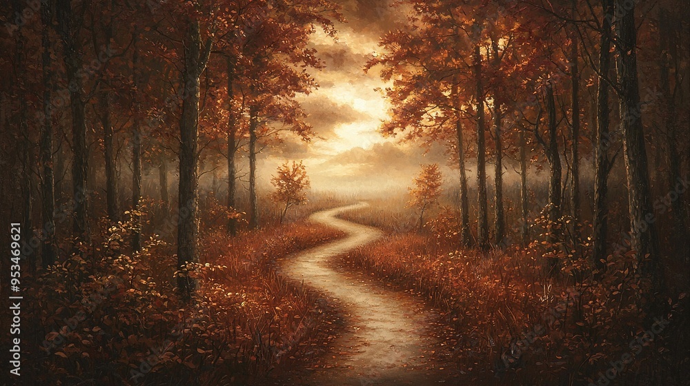 Fototapeta premium A painting depicting a wooded path, flanked by towering trees and rustling foliage on either side