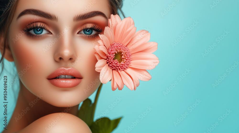 Female face with pink flower. Beauty concept. Female face with pink flower. Beauty concept.