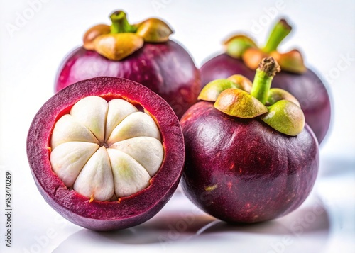 Vibrant purple mangosteen fruit with soft, white interior and segmented rind, isolated on a clean background, showcasing its exotic, tropical beauty and unique texture. photo