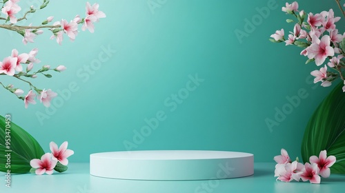 A green background with a white flower design and pink flowers