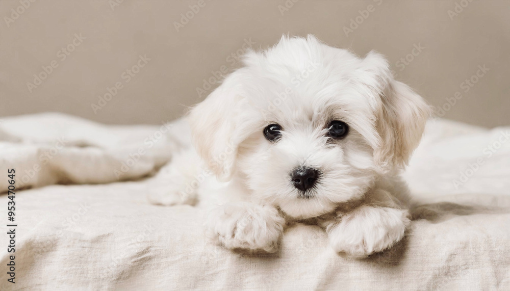 Young white puppy resting on bed. Young white puppy resting on bed.