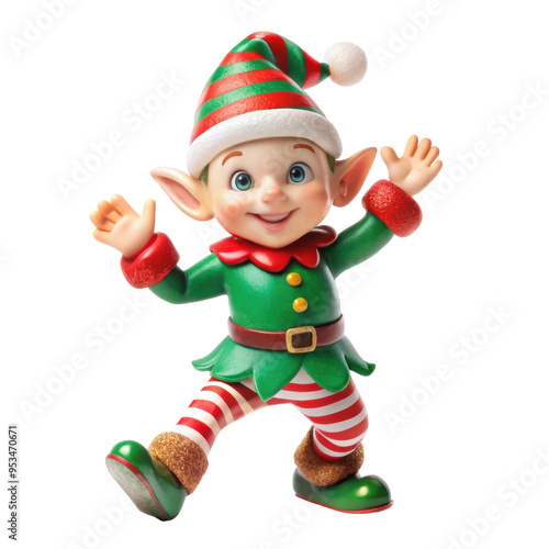 Joyful Christmas elf figurine wearing a green and red outfit with striped stockings, perfect for holiday decor and celebrations. Isolated on transparent background, png.