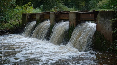 Water Cascading Over a Concrete Dam in a Lush Forest Setting