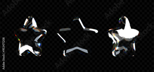 3D crystal glass star with refractive and holographic effects, isolated on a dark background.