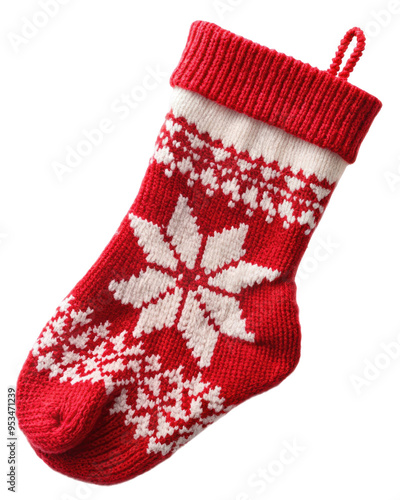 Traditional red and white Christmas stocking with a Fair Isle pattern, perfect for adding a touch of warmth to holiday decor. Isolated on transparent background, png. photo