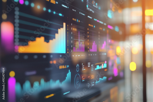 A digital dashboard showing demographic insights and social media usage by businesses, vibrant charts and graphs, blurred background, professional and modern, data analysis, with c