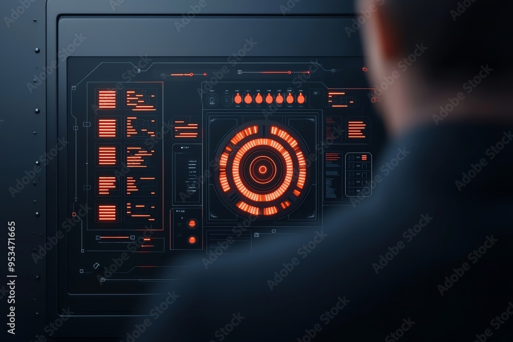 Obraz premium A person interacts with a high-tech interface showcasing a digital dashboard with vibrant orange graphics.