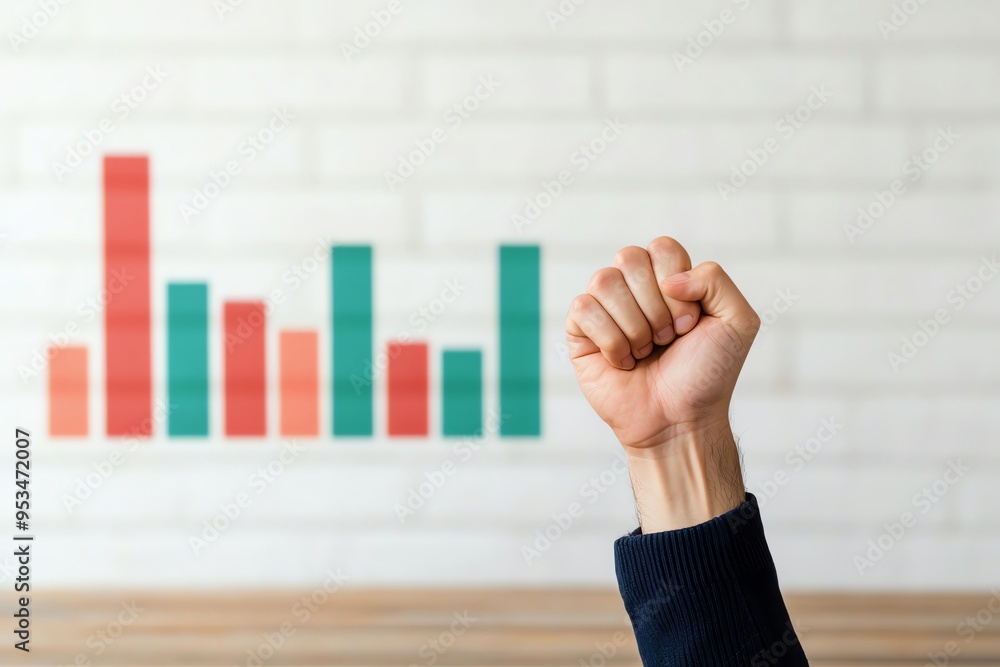An upward hand gesture symbolizes success and achievement in a business environment with a colorful bar graph in the background. An upward hand gesture symbolizes success and achievement in a business environment with a colorful bar graph in the background.